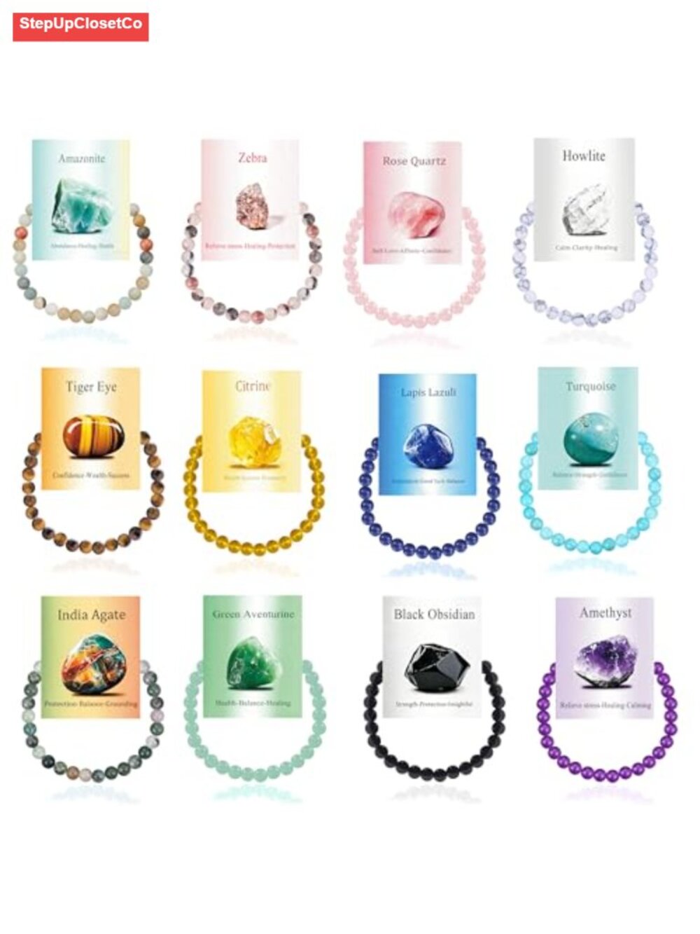 12pcs Natural Stone Stretch Bracelets 6mm Adjustable Healing Crystal Beaded